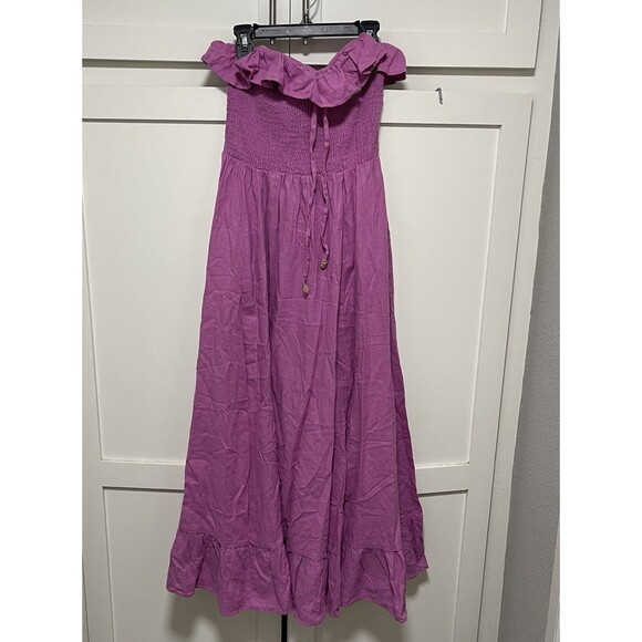 Free People Midi Dress Lush Life Linen Strapless Smocked Opera Mauve Size M New - Picture 5 of 11
